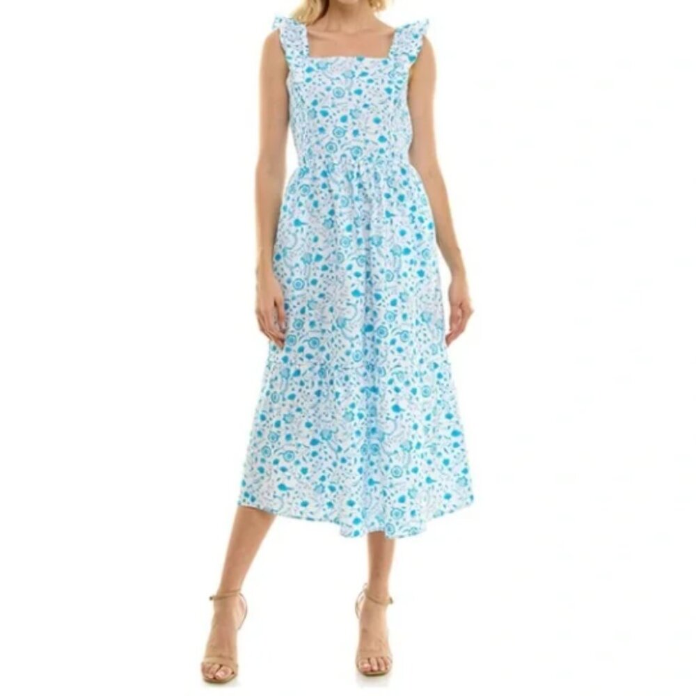 NWT Draper James Flutter Sleeve Ruffle Strap Midi Dress Blue Floral Paisley L